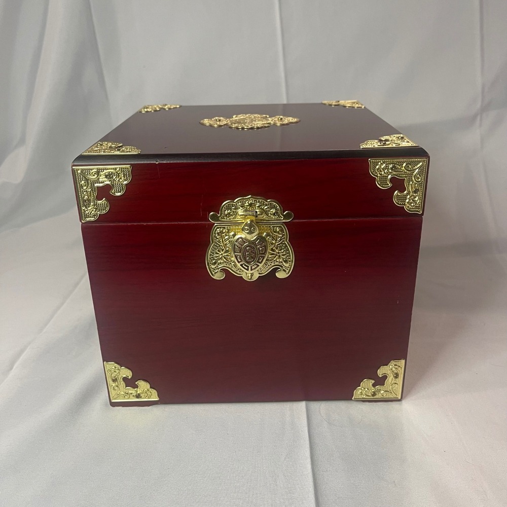 Korean Wooden Jewelry Box Mahogany Finish Gold Brass Hardware Calligraphy Lining